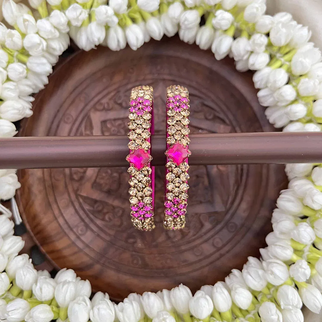 Pink Floral & Zigzag Stone Golden Detailing Bangles
